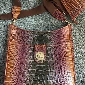 NWOT FAUX Crocodile Embossed Brown / Red and Black Crossbody Bag guitar strap